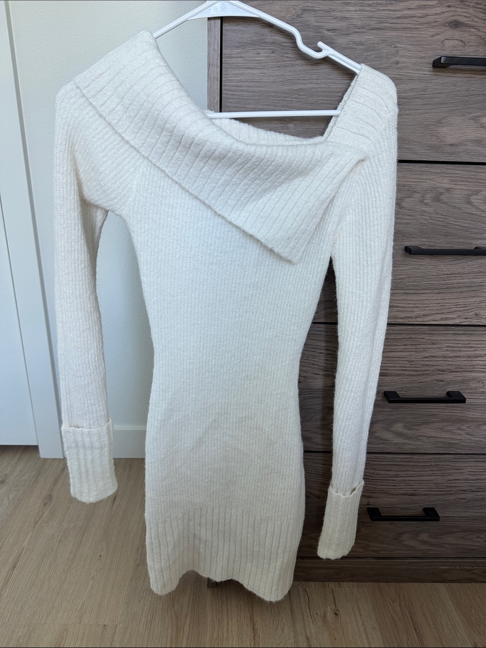 Meshki Cream Off-Shoulder Ribbed Knit Sweater Dress